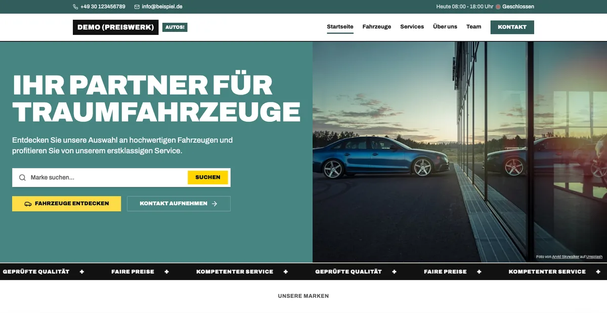 Screenshot der Demo-Website im Theme „Preiswerk“
