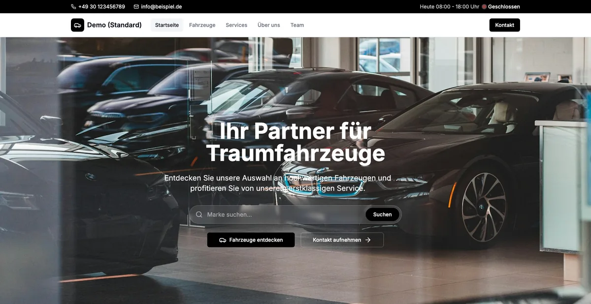 Screenshot der Demo-Website im Theme „Standard“