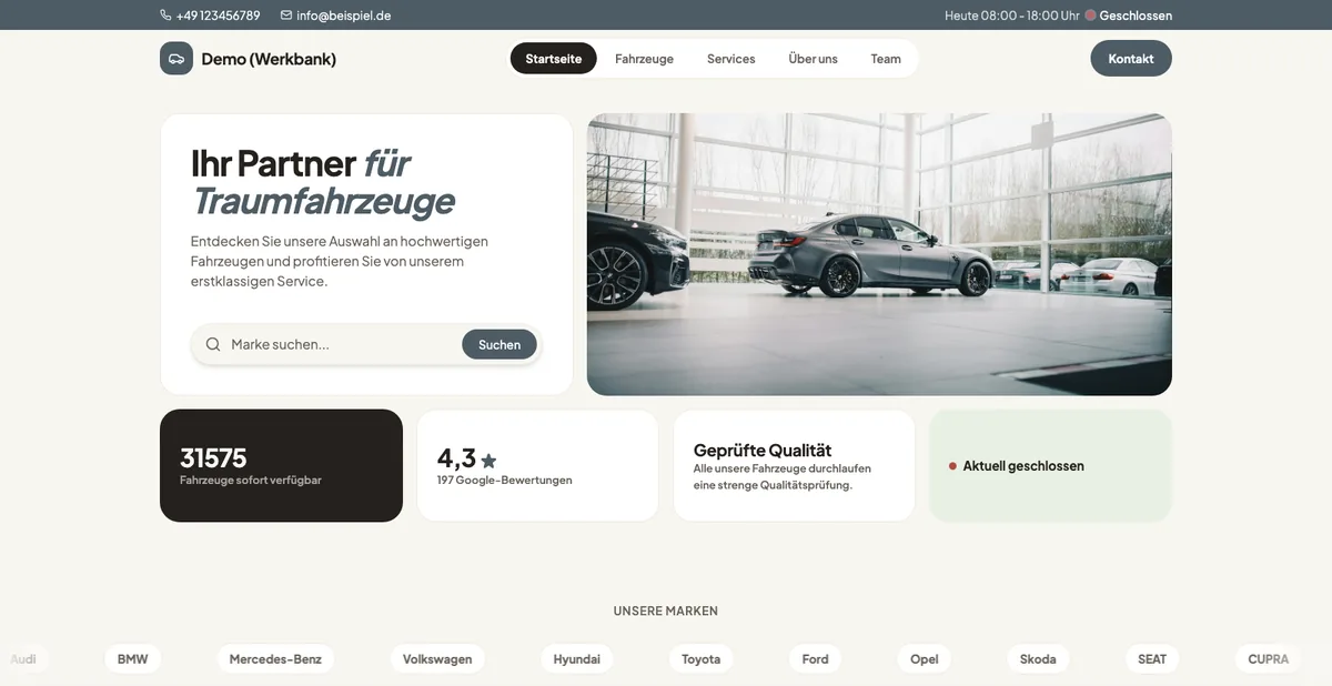 Screenshot der Demo-Website im Theme „Werkbank“